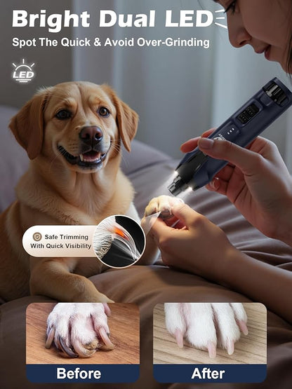 Casfuy 6-Speed Dog Nail Grinder – 50%+ Boost Power Dog Nail Trimmers Quiet with Dust Cap &amp; 2 LED Lights &amp; 2000mAh Battery &amp; 4.8V Motor Electric Pet Toenail File Tool for Large Medium Small Dogs Cats