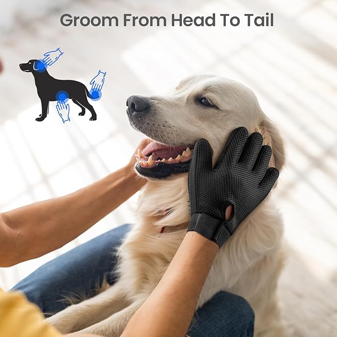 Pet Hair Remover Glove - Gentle Pet Grooming Glove Brush - Deshedding Glove - Massage Mitt with Enhanced Five Finger Design - Perfect for Dogs &amp; Cats with Long &amp; Short Fur - 1 Pack (Right-hand), Black