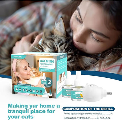 Cat Calming Diffuser, Cat Pheromones Calming Diffuser, Effectively Relieve Anxiety Stress Cat Diffuser Calming Multicat with 1 Diffuser + 2 Refill 48ml Last 60 Days Fits All Cats