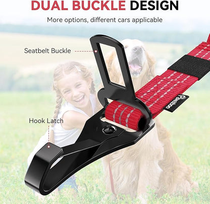 Pawaboo Dog Seatbelt for Car, 3-in-1 Dog Seat Belt Bungee, Shockproof Dogs Tether for Car with Buckle &amp; Hook Latch, Adjustable Reflective Dogs Cars Harness Leash with 360° Lockable Buckle, Red
