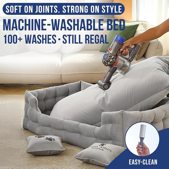 Luxury Dog Bed Chesterfield – Handcrafted Velvet Throne for Dogs | Joint Support, Calming &amp; Temp-Regulating Comfort | Durable 5+ Years, Anti-Claw, Washable 100+ Times – XL, Grey