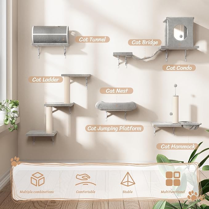NUNU LAB Wall Mounted Cat Furniture, 7 Pcs Cat Wall Shelves with House, Tunnel, Bridge, Steps, Scratcher, Hammock, Bed, Indoor Safe &amp; Stable Furniture for Kittens Play, Gray