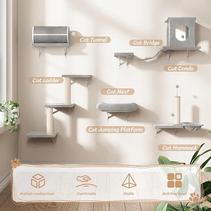 NUNU LAB Wall Mounted Cat Furniture, 7 Pcs Cat Wall Shelves with House, Tunnel, Bridge, Steps, Scratcher, Hammock, Bed, Indoor Safe &amp; Stable Furniture for Kittens Play, Gray