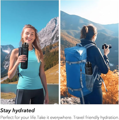 32oz Motivational Water Bottles with Time Marker &amp; Fruit Strainer, Transparent Gradient Color Water Bottle with Times to Drink, Leakproof &amp; BPA Free, Reusable Bottle with Strap (No Straw)
