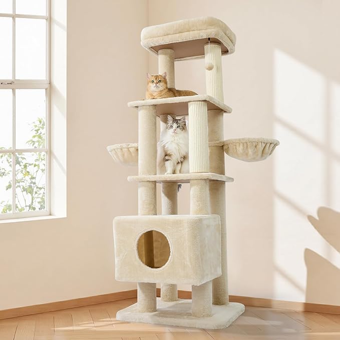 Gardner Pet 65in Heavy Duty Cat Tree Tower for Large Cats, Multi-Level Cat Furniture with Replaceable Sisal Scratching Post, Hammock | Extra-Large Platform &amp; Condo (Upgraded Beige)