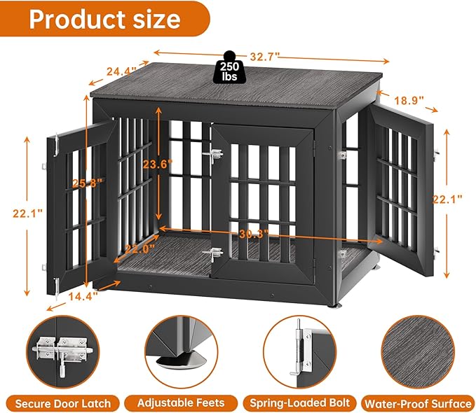 32" Heavy Duty Dog Crate Furniture for Small,Medium and Large Dogs,Rustic Wooden Dog Cage Kennel Indoor Furniture with Waterproof Top,Decorative Pet House Side End Table (Black &amp; Grey)