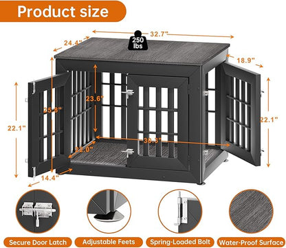 32" Heavy Duty Dog Crate Furniture for Small,Medium and Large Dogs,Rustic Wooden Dog Cage Kennel Indoor Furniture with Waterproof Top,Decorative Pet House Side End Table (Black &amp; Grey)