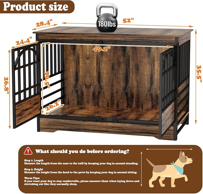 COZPAW 52 Inch Dog Crate Furniture, Extra Large Dog Kennel Indoor for XLarge Breed, Heavy Duty Dog Cage with Double Elegant Arched Doors, Decorate as TV Stand &amp; End Table-Retro Brown
