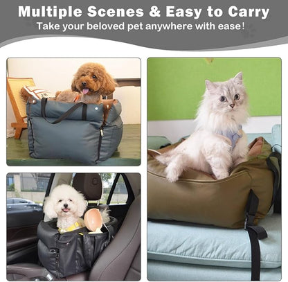 Dog Car Seat for Small Dogs, Large Leather Dog Car Bed with Storage Pocket, Waterproof PVC Leather Booster Seat Travel Bed for Front &amp; Back Seat, Clip-On Safety Leash (Black)