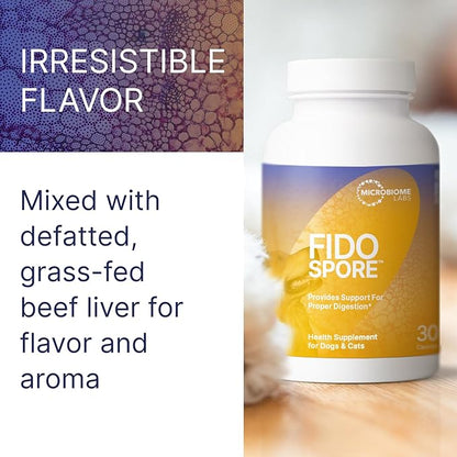 Microbiome Labs Fidospore - Dog Probiotics for Digestive Health &amp; Immune Support - Spore-Forming Pet Probiotics for Dogs &amp; Cats Gut Health - Flavored with Grass Fed Beef Liver (30 Capsules)