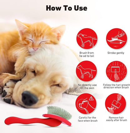 Dog Slicker Brush for Shedding and Grooming Medium or Long Haired Cats, Extra Long &amp; Soft Pin Slicker Brush for Removes Loose Hair, Tangles, Knots, Undercoat, Free Pet Comb, Large Red