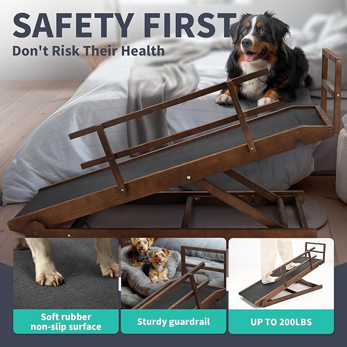 Dog Ramp, 5 Level Adjustable Height Folding Pet Ramp for High Bed, Portable Paw Ramps Large Bed Ramp for Medium &amp; Large Old Dogs &amp; Cats - Natural Wood Furniture Quality