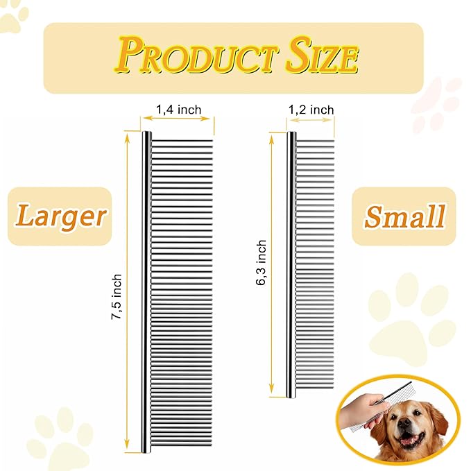 Dog Comb and Cat Combs Stainless Steel Teeth, Grooming Tool for Long &amp; Short Hair, Dematting Comb for Dogs, Removes Tangles &amp; Knots (Small and Large Silver)