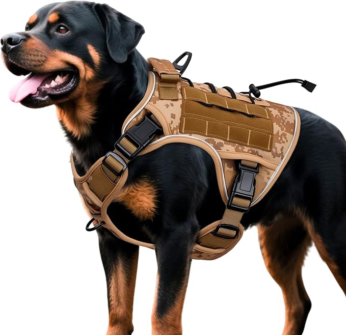 Heavy-Duty Tactical Dog Harness for Large Dogs, No Pull Adjustable Reflective Pet Vest with Molle System, K9 Military-Grade Control for Service Training, Outdoor &amp; 10+ Breeds, Khaki Camo, X-Large