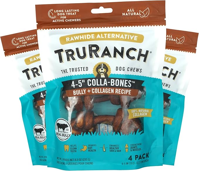 4-5" Collagen Bones, Bully - Collagen Dog Bones - Long Lasting Healthy Joint Support - Rawhide Alternative - Skin &amp; Coat Health, Value Pack, 3 Bags, 12 Count