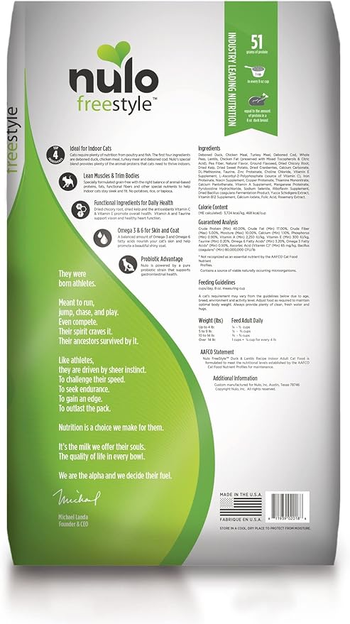 Nulo FreeStyle High Protein Indoor Cat Food, Duck &amp; Cod Recipe - Natural Grain-Free Dry Indoor Cat Food with Omega Fatty Acids, &amp; Probiotics, 4 lb Bag