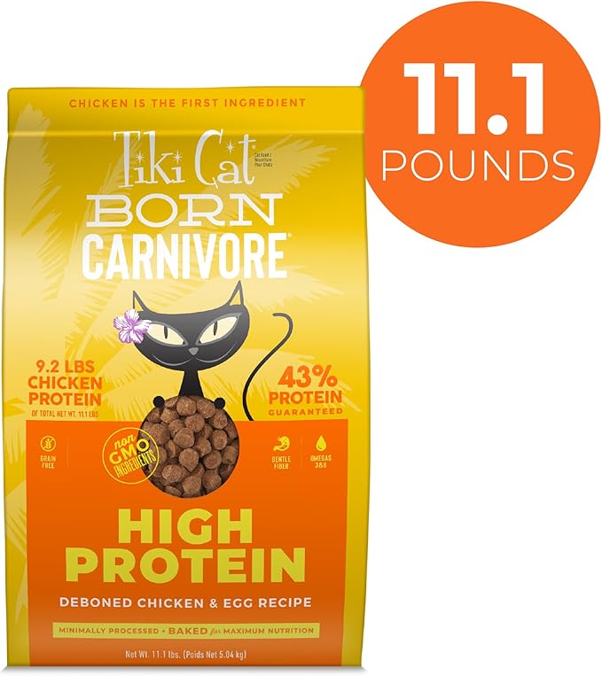 Tiki Cat Born Carnivore High Protein, Deboned Chicken &amp; Egg, Grain-Free Baked Kibble to Maximize Nutrients, Dry Cat Food, 11.1 lbs. Bag