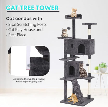 FDW Cat Tree 70in Cat Tower Multi-Level Durable Cat Scratching Post &amp; Cozy Fun Cat Jumping Platform Space Saving Cat Condo Pet Play House for Indoor Cats,Light Gray