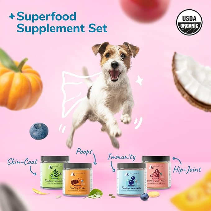 kin+kind Superfood Supplement Set for Dogs &amp; Cats - Boost Immunity, Promotes Healthy Skin &amp; Coat, Hip &amp; Joint, Healthy Digestion - Made in USA - Superset (4 x 8 oz)