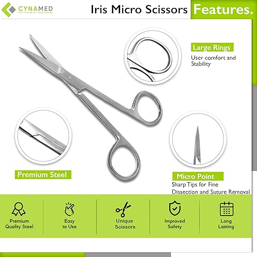 Cynamed Iris Micro Dissecting Precision Lab Scissors, Fine Point Straight - Perfect for Doctors, Nurses, EMS, Students, Education &amp; Training and More (Pack of 5)