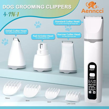 4 in 1 Dog Clippers Grooming Kit with LED Screen, Cordless Quiet Paw Trimmer &amp; Nail Grinder, Rechargeable Waterproof Feet Ear Body Hair Shaver for Cats Dogs Pet Supplies