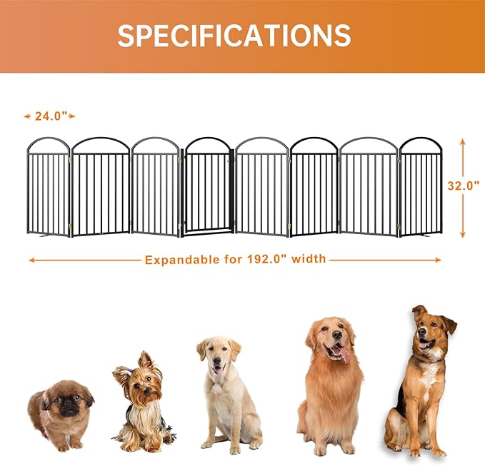 8 Panles Full Matel Freestanding Dog Gates with Door, 192"Extra Wide 32"Tall Free Standing Dog Pet Gate for Indoor &amp; Outdoor. Foldable Pet Fences for Doorways, House, Stairs, Porch, Deck, Yard
