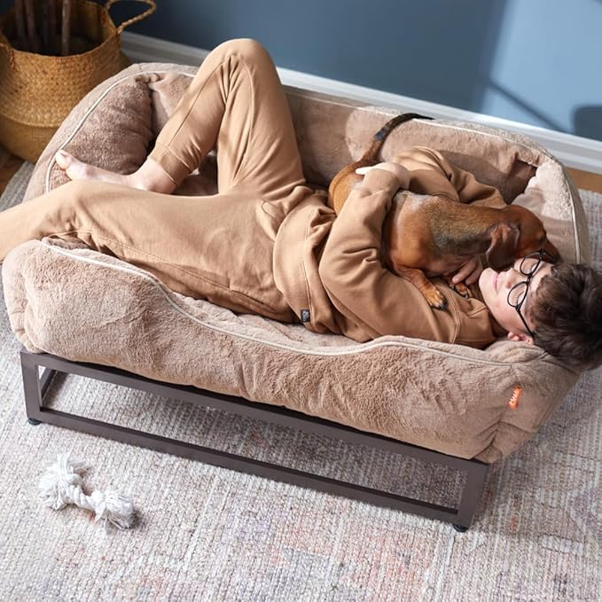 FUZI Luxury Aesthetic Dog Bed with Extra Cover for Medium Dogs, Washable Pet Couch, Pet Bed with Sides, Non-Slip Bottom, Soft &amp; Durable Calming Bed, Faux Rabbit Fur, Medium 31.75x23.6x9.5 Light Brown