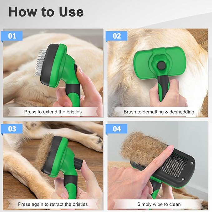 Self Cleaning Deshedding Brush for Dogs &amp; Cats - Skin Friendly Grooming Tool with Hair Removal for Haired Pets, Green