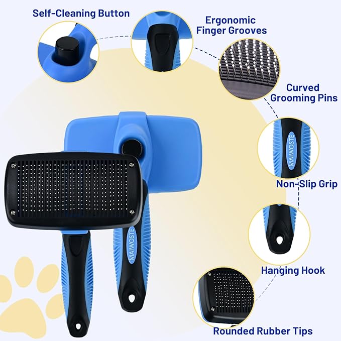 Large Self Cleaning Deshedding Brush for Dogs &amp; Cats - One Button Hair Release Grooming Tool, Gentle Massage Brush for Long and Short Hair (Blue)