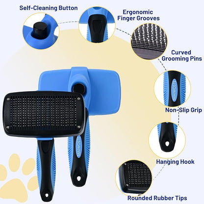 Large Self Cleaning Deshedding Brush for Dogs &amp; Cats - One Button Hair Release Grooming Tool, Gentle Massage Brush for Long and Short Hair (Blue)