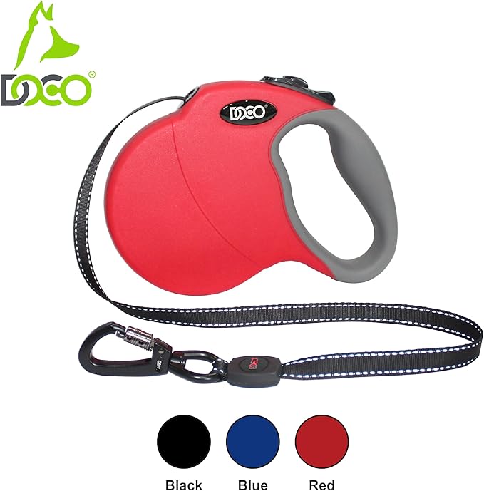 DOCO Retractable Dog Leash for Large Dogs (Length - 13ft, Weight - Upto 22lb) Reflective Tape Lead with Stop and Lock Control, Tangle Free 360° Swivel Snap &amp; Anti-Slip Grip (Red, Small)