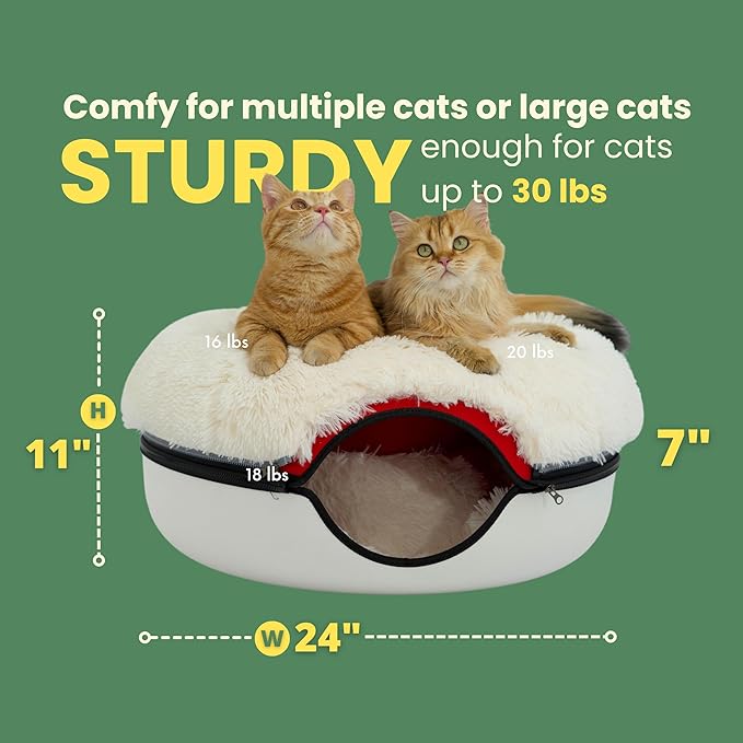 CATTASAURUS Peekaboo Cat Cave for Multiple &amp; Large Cats Up to 30-45 Lbs, Fluffy Cat Beds &amp; Furniture, Scratch Detachable &amp; Washable Tunnel Bed, Comfy Donut Bed (Ruby Snowball, Large (Calming))