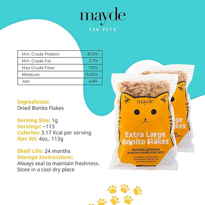 Mayde Bonito Flakes for Cats &amp; Dogs, All-Natural High-Protein Treats, Extra Large 4oz Bag