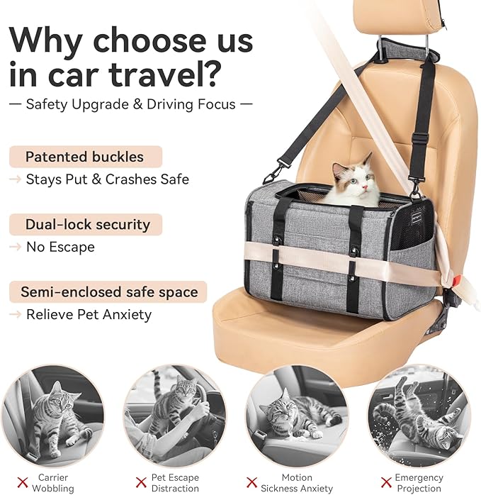 PETSFIT Soft-Sided Cat Carriers &amp; Car Seats with Patent Safe Buckles, Clip-On Harness，18"x11"x11" Airline Approved Pet Carrier - 9 lbs Capacity,Grey
