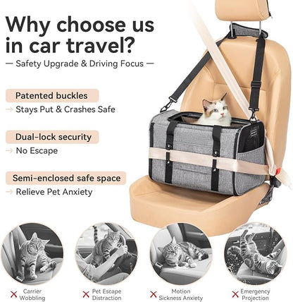 PETSFIT Soft-Sided Cat Carriers &amp; Car Seats with Patent Safe Buckles, Clip-On Harness，18"x11"x11" Airline Approved Pet Carrier - 9 lbs Capacity,Grey
