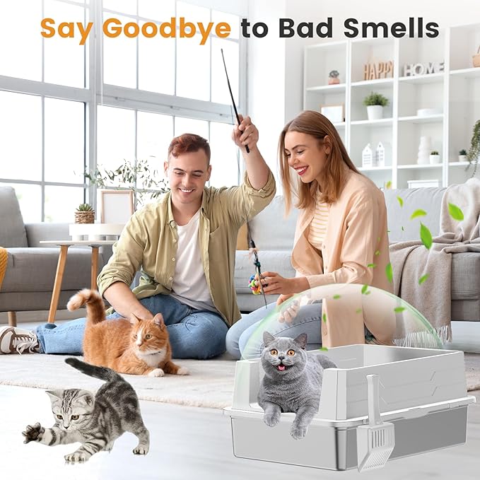 XXXL Stainless Steel Litter Box,Extra Large 28" L x 20" W Metal Litter Box for Big Cats &amp; Multiple Cats with High Sided, Anti-Urine Leakage, Non-Sticky, Easy Cleaning, Include Scoop(White