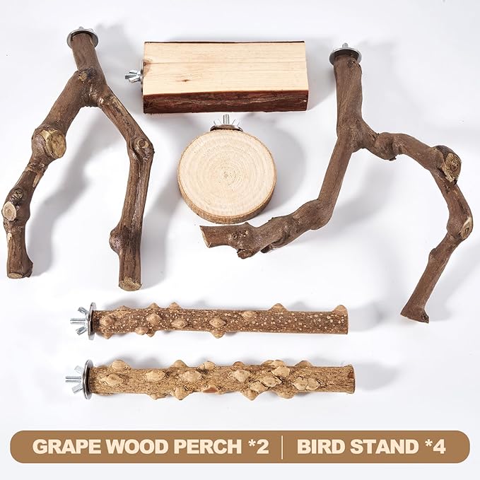 6-Piece Bird Perch Set - Natural Wood Grape Sticks, Paw Grinding Forks, Bird Stand &amp; Toys for Parakeets, Cockatiels, Conure, Budgies