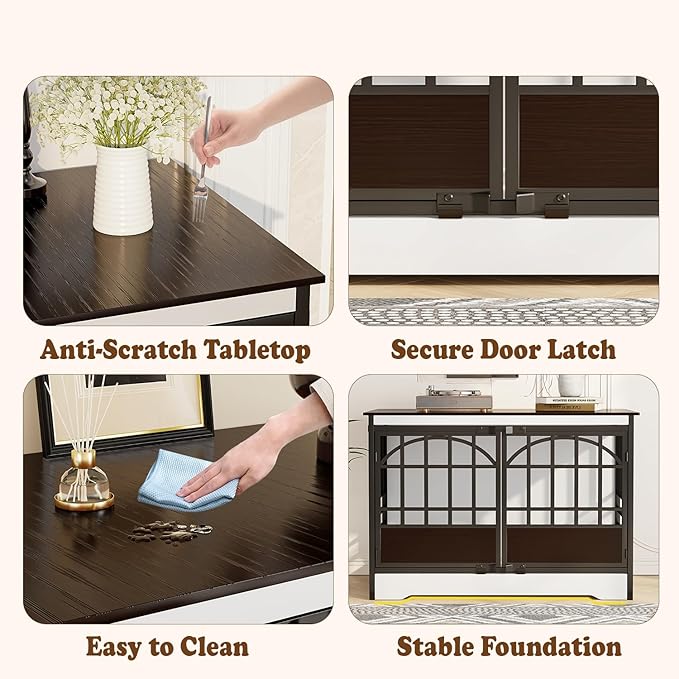 COZPAW 52 Inch Dog Crate Furniture, Extra Large Dog Kennel Indoor for XLarge Breed, Heavy Duty Dog Cage with Double Elegant Arched Doors, Decorate as TV Stand &amp; End Table - White Brown