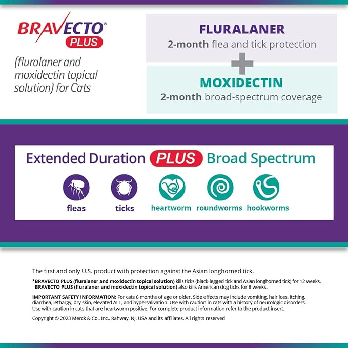 BRAVECTO PLUS Topical Solution for Cats, Flea, Tick &amp; Heartworm, 2 Months Supply, 13.8-27.5 lbs., Purple Box