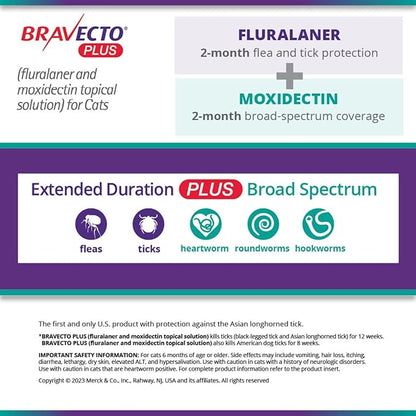 BRAVECTO PLUS Topical Solution for Cats, Flea, Tick &amp; Heartworm, 2 Months Supply, 13.8-27.5 lbs., Purple Box