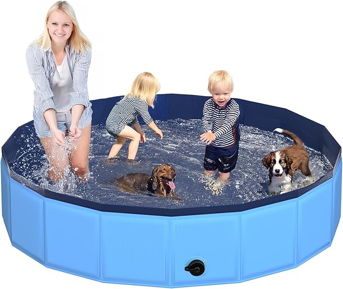 87" x 12" Foldable Dog Pool - Collapsible Hard Plastic Kiddie Pool for Dogs &amp; Kids, Non-Slip Pet Bath Tub for Outdoor Backyard Use, Lightweight &amp; Portable (Blue)