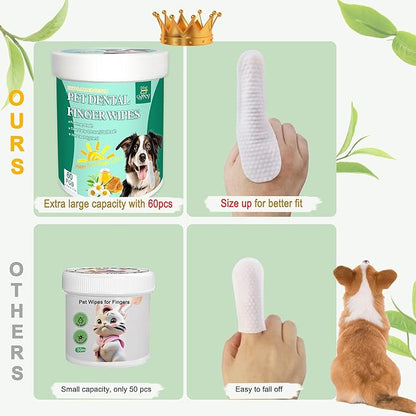 60 Count Dog Dental Wipes - Teeth Cleaning Finger Wipes for Dogs &amp; Cats, Hypoallergenic Dog Toothbrush Finger Dental Wipes to Remove Plaque &amp; Tartar, Freshen Bad Breath, Gentle Cleaning(4.7″*1.7″)