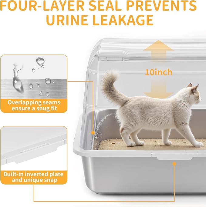 Stainless Steel Litter Box with Lid, XL Extra Large Cat Litter Box, Enclosed Metal Litter Pan with High Sided Enclosure &amp; Scoop, Anti Leakage, Easy to Clean, Odor Control (White)