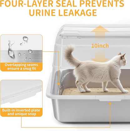 Stainless Steel Litter Box with Lid, XL Extra Large Cat Litter Box, Enclosed Metal Litter Pan with High Sided Enclosure &amp; Scoop, Anti Leakage, Easy to Clean, Odor Control (White)