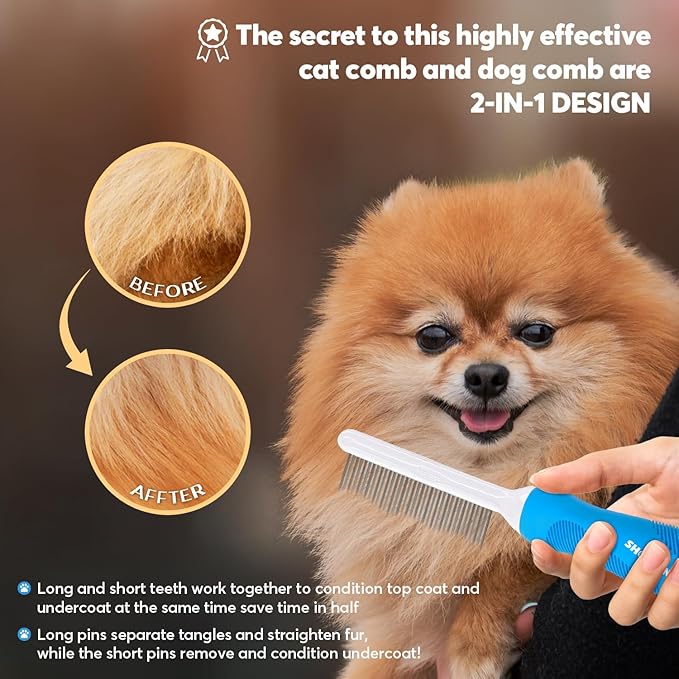 Detangling Pet Grooming Comb for Dogs &amp; Cats with Long &amp; Short Stainless Steel Metal Teeth for Removing Tangles and Knots - Dematting Brush to Detangle Matted Hair