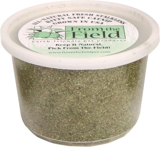 from The Field | Fine Ground Stalkless Catnip | Premium USA-Grown Catnip for Toys &amp; Playtime | Fresh, Potent, Non-Toxic, Eco-Friendly | Safe for Kittens &amp; Cats | Resealable 3.5 oz Tub