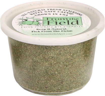 from The Field | Fine Ground Stalkless Catnip | Premium USA-Grown Catnip for Toys &amp; Playtime | Fresh, Potent, Non-Toxic, Eco-Friendly | Safe for Kittens &amp; Cats | Resealable 3.5 oz Tub