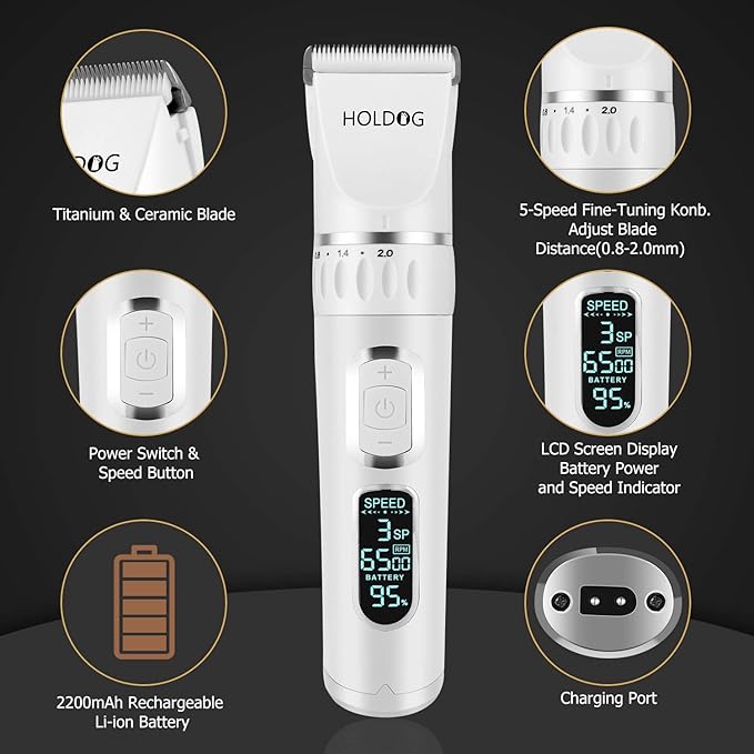 Dog Clippers Professional Heavy Duty Dog Grooming Clipper 3-Speed Low Noise High Power Rechargeable Cordless Pet Grooming Tools for Small &amp; Large Dogs Cats Pets with Thick &amp; Heavy Coats