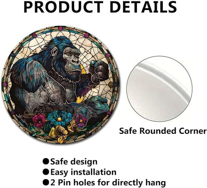 Lygond Metal Sign Tin Sign Circular Stained Glass Gorilla Wall Art for Club 12×12 Inches