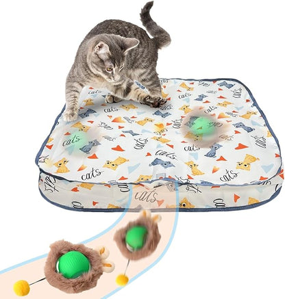 Rocfish Interactive Cat Toys Ball - Automatic Fast Rolling Ball in Play Mat, Hide and Seek Mouse Catching Game, Low-Noise Cat Enrichment Toys in Pouch for Indoor Bored Cats (Green Toy &amp; Square Mat)